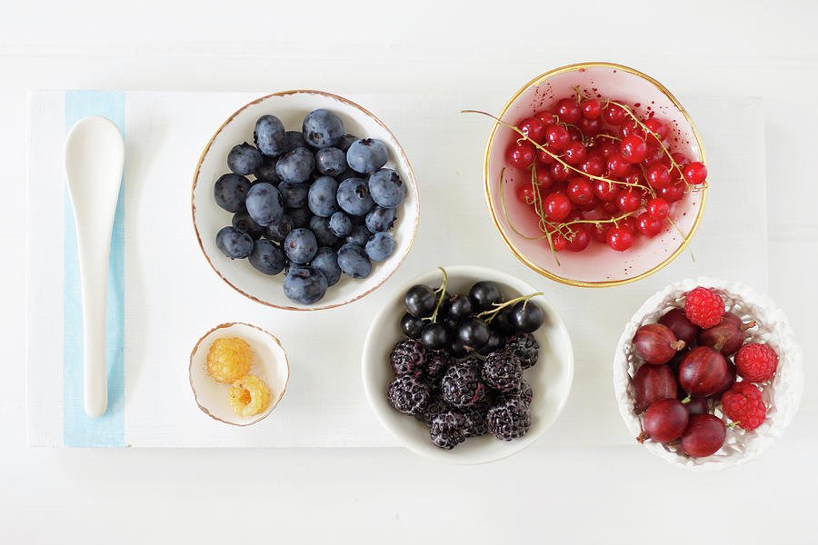 Bowls With Garden Berries - Raspberries, Blueberries, Blackcurrants, Redcurrants And Gooseberries Photograph by Zappie