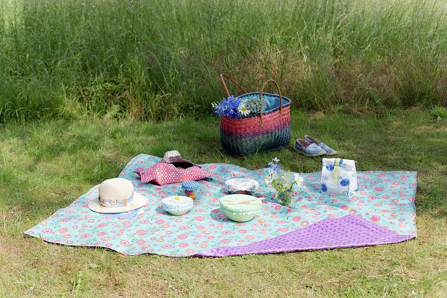 Bowls With Lids, Cake In Bag And Lunch Bag On Oilcloth Picnic Blanket Photograph by Iris Wolf