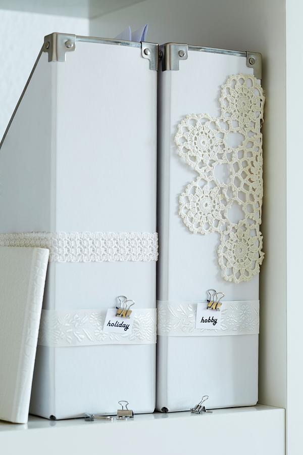 Box Files Decorated With Lace Ribbon And Crocheted Doily Photograph by Franziska Taube