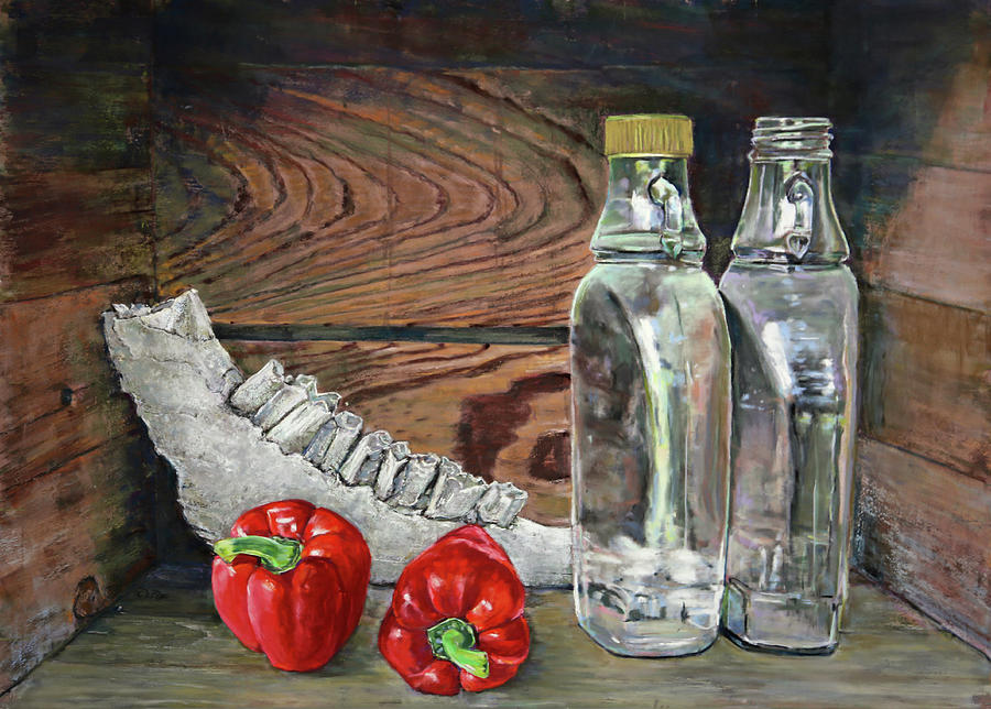 Box with Red Peppers, Glass Bottles, and Jawbone Pastel by Nick Payne