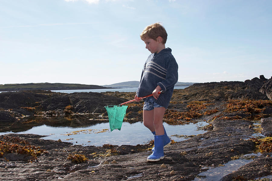 Boy 4-5 With Fishing Net On Rocks By Sea Photograph by Andrew Holt