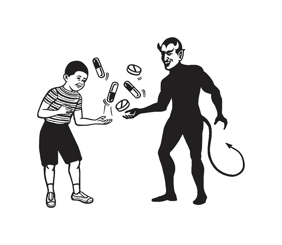 Black And White Drawing - Boy and Devil Juggling Pills by CSA Images