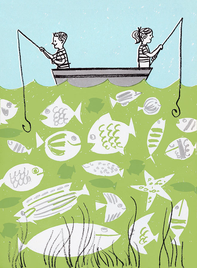 Fish Drawing - Boy and Girl Fishing by CSA Images
