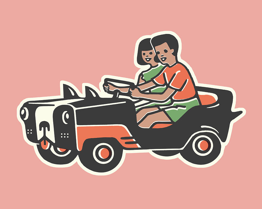 Boston Drawing - Boy and Girl in a Toy Jeep by CSA Images