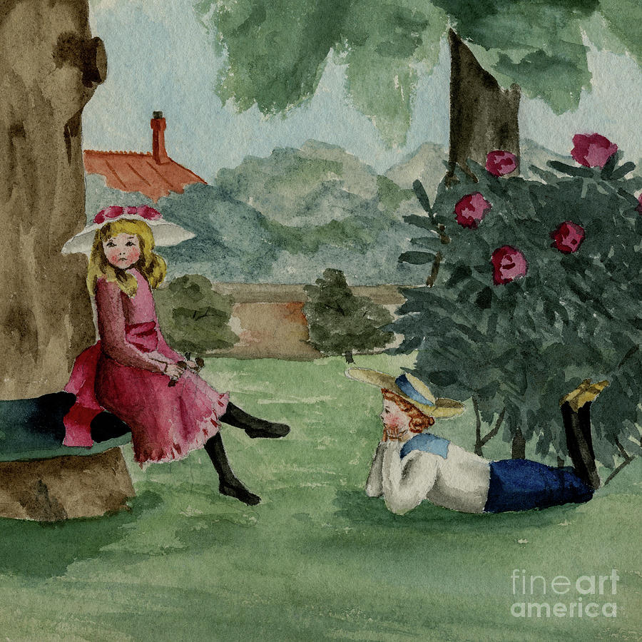 Boy And Girl In An English Garden 1890 Watercolour Painted By A Victorian Child
