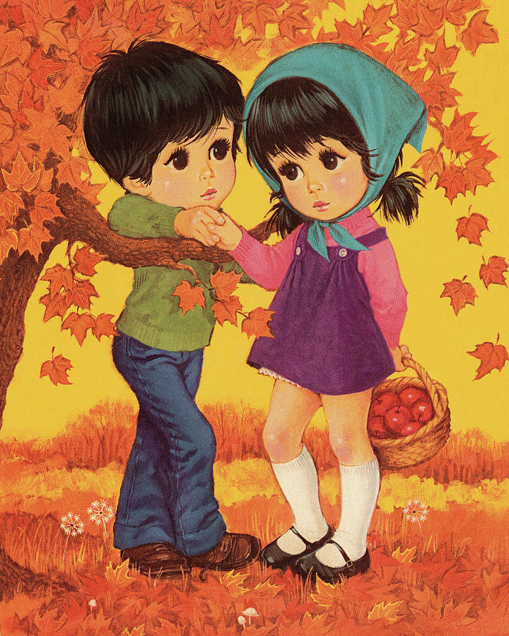 Fall Drawing - Boy and Girl in Autumn Scene by CSA Images