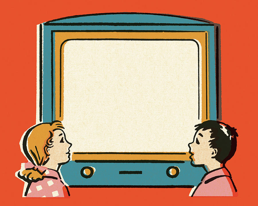 Vintage Drawing - Boy and Girl Looking at a Television Screen by CSA Images