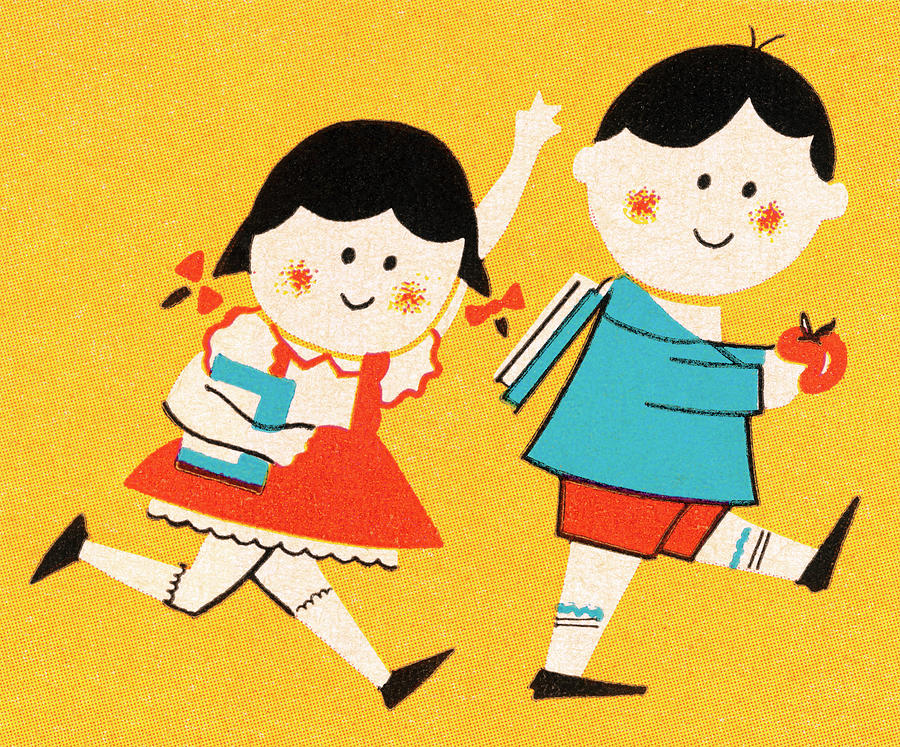 Vintage Drawing - Boy and Girl on Their Way to School by CSA Images