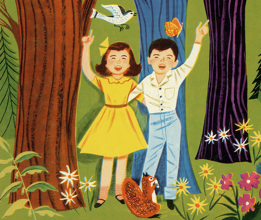 Butterfly Drawing - Boy and Girl Pointing up by CSA Images