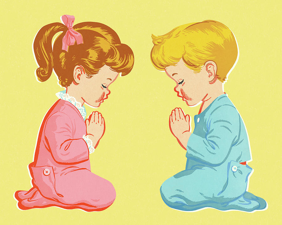 Vintage Drawing - Boy and Girl Praying by CSA Images