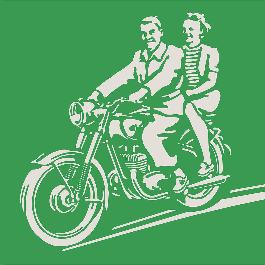Transportation Drawing - Boy and Girl Riding Motorcycle by CSA Images