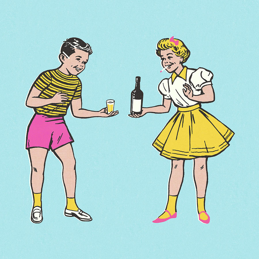 Vintage Drawing - Boy and Girl with Alcohol and Cigarettes by CSA Images
