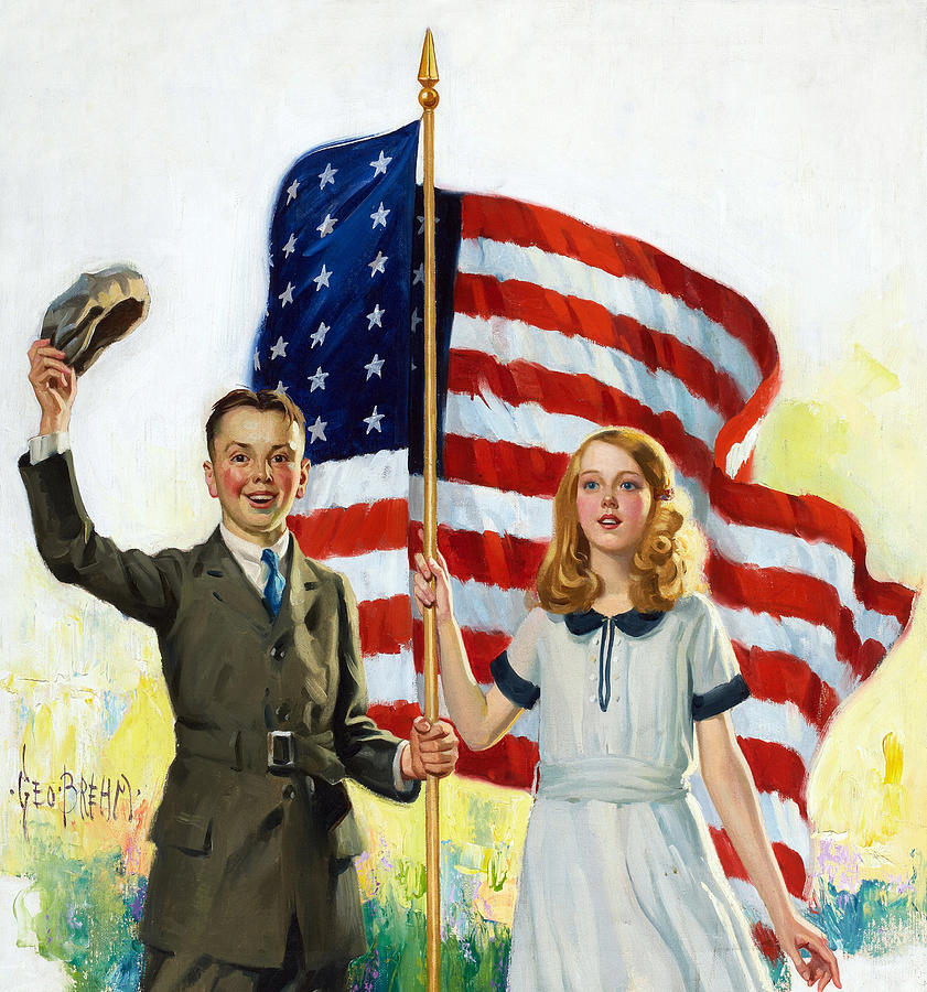 Boy and Girl with American Flag Painting by George Brehm