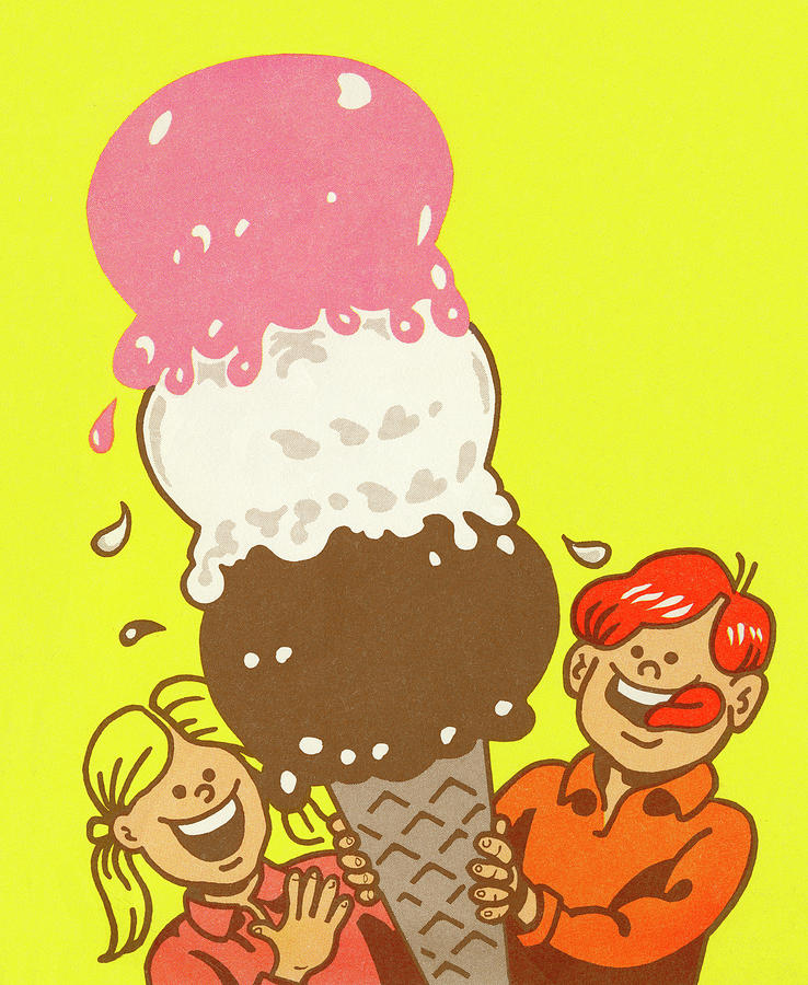 Ice Cream Drawing - Boy and Girl With Giant Ice Cream Cone by CSA Images