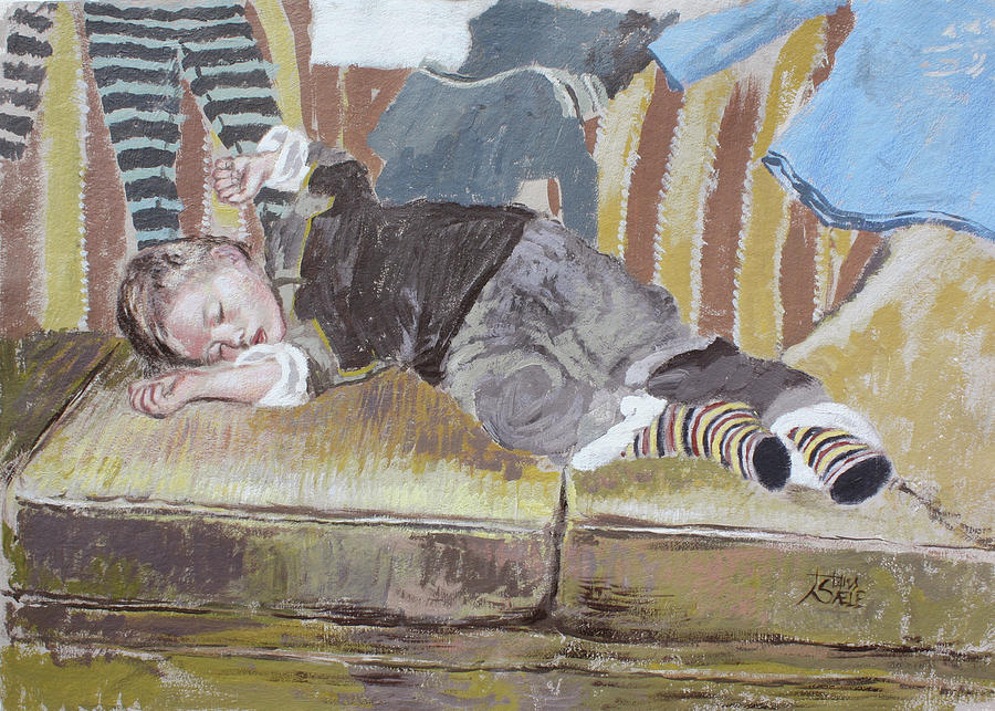 Boy asleep on a couch Painting by Hans Egil Saele