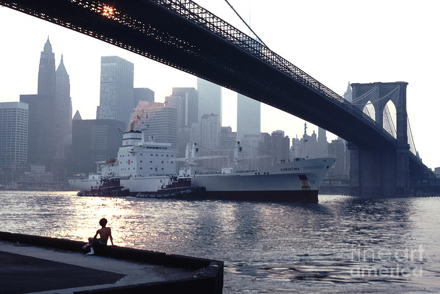 Boy At Sunset Brooklyn Bridge With Freighter Vintage Image Photograph by Tom Wurl