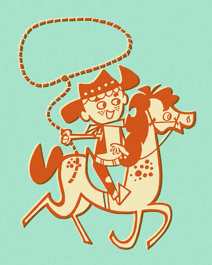 Vintage Drawing - Boy Cowboy on Horse With Lasso by CSA Images