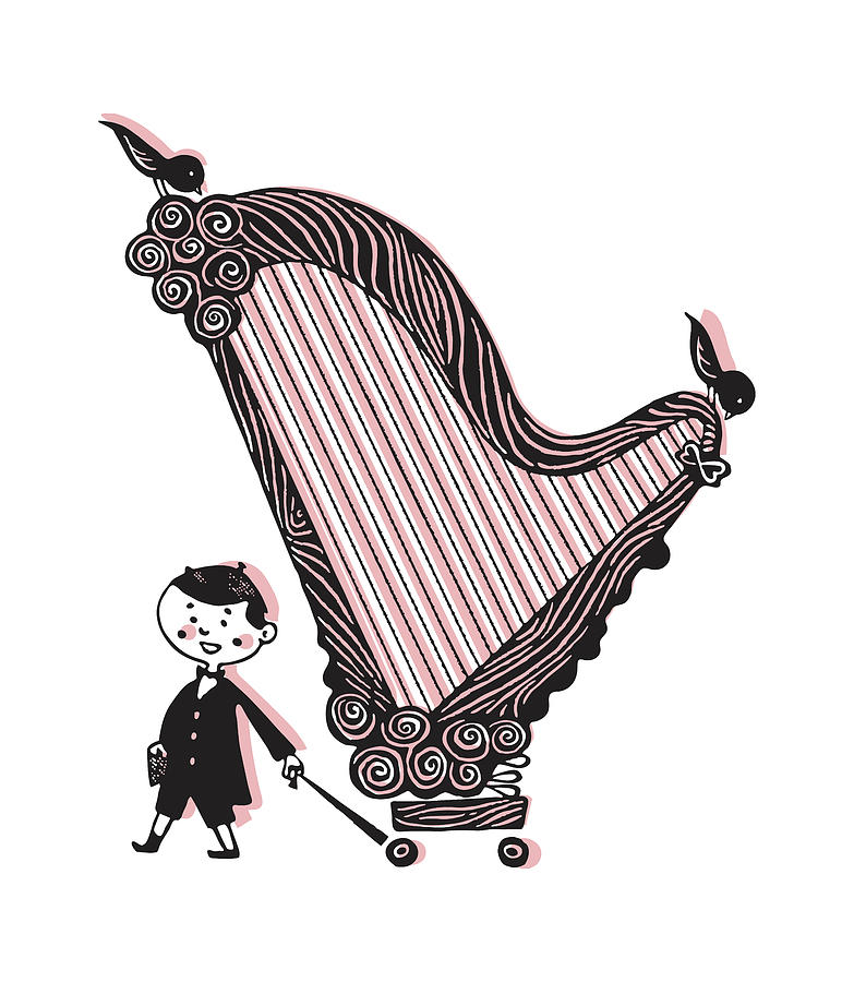 Music Drawing - Boy Dragging a Harp by CSA Images