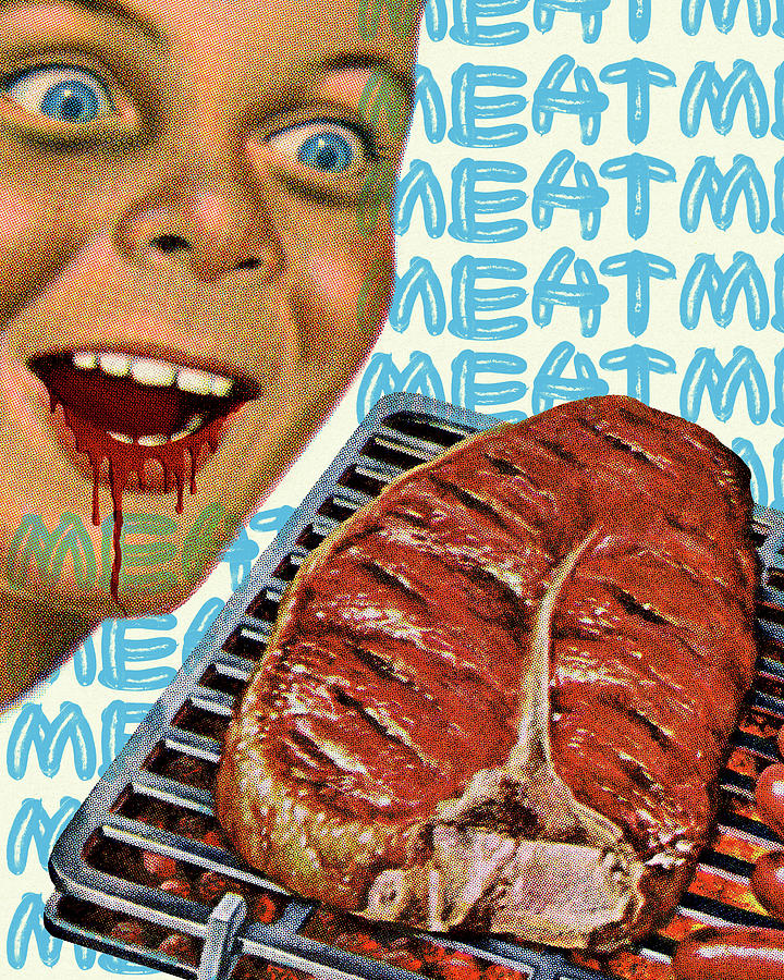 Vintage Drawing - Boy Drooling Blood Over a Grilled Steak by CSA Images