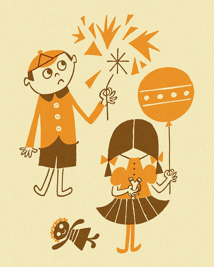 Vintage Drawing - Boy, Girl and Balloons by CSA Images