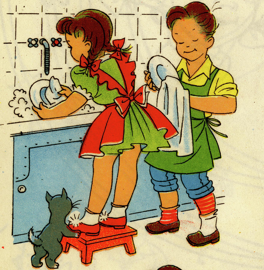 Boy & Girl Wash the dishes in the sink Painting by Unknown