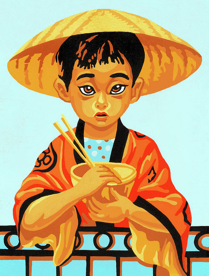 Vintage Drawing - Boy Holding Bowl and Chopsticks by CSA Images