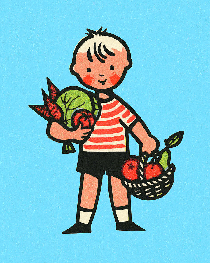 Carrot Drawing - Boy Holding Fruits and Vegetables by CSA Images