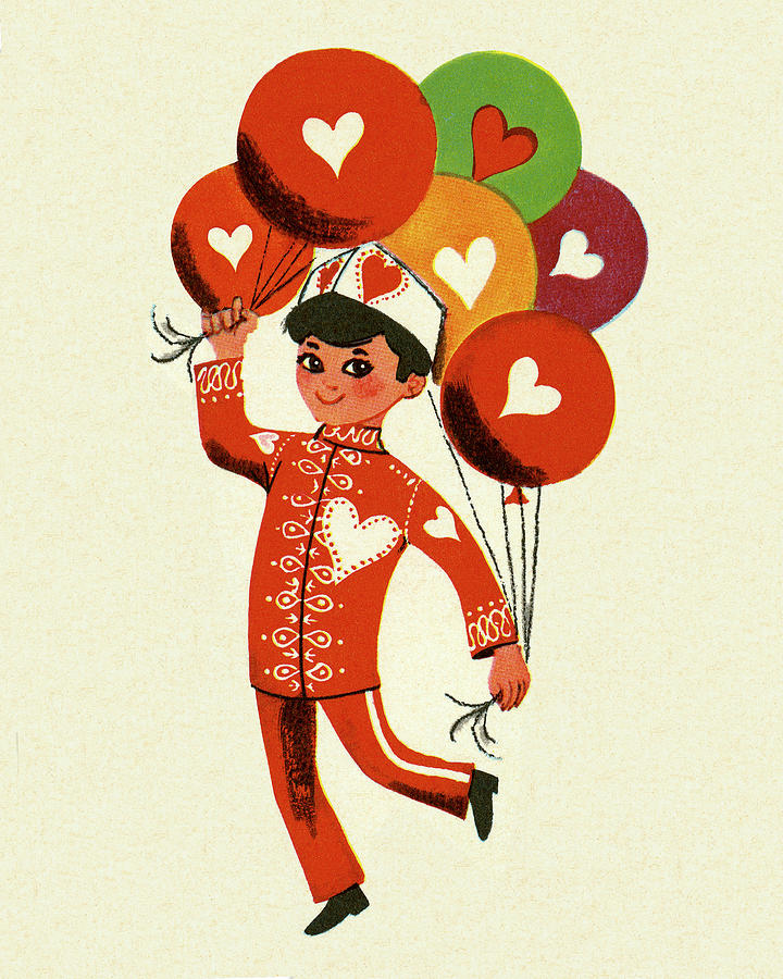 Vintage Drawing - Boy Holding Heart Balloons by CSA Images