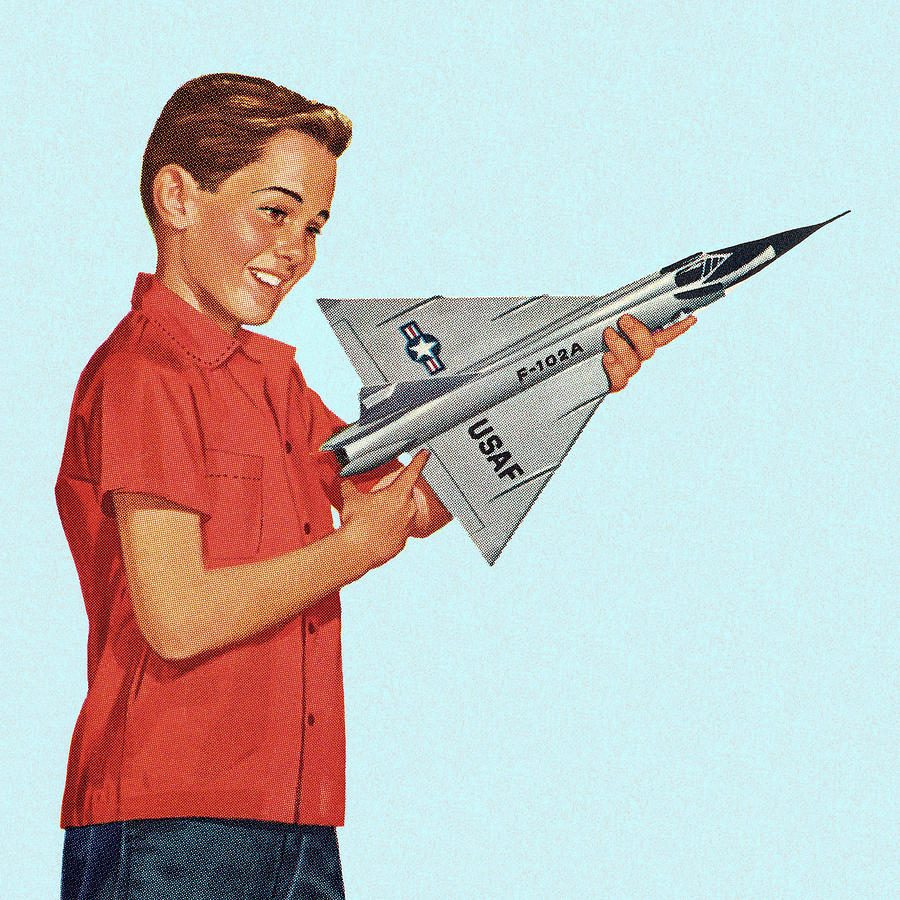 Transportation Drawing - Boy Holding Toy Airplane by CSA Images