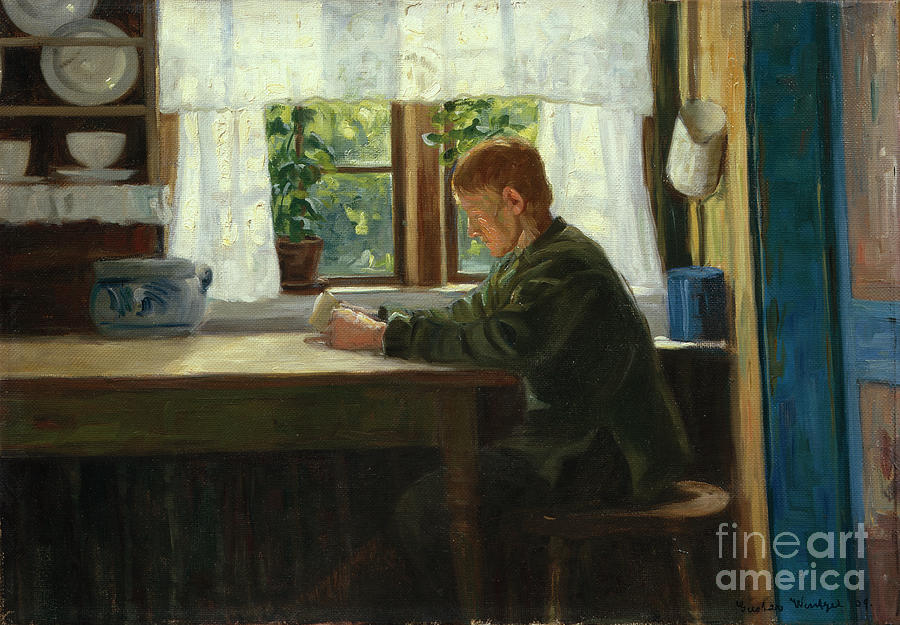 Boy in kitchen interior Painting by O Vaering by Gustav Wentzel