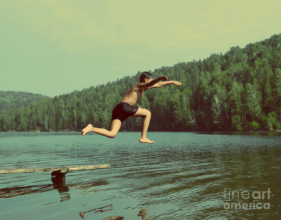 Activity Photograph - Boy Jumping In Lake At Summer Vacations by Kokhanchikov Activity Photograph - Boy Jumping In Lake At Summer Vacations by Kokhanchikov