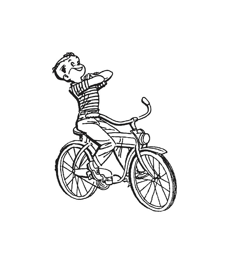Black And White Drawing - Boy on Bicycle with Arms Crossed by CSA Images