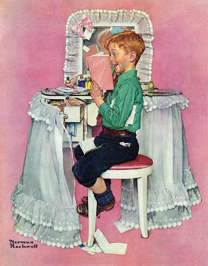 boy Reading His Sisters Diary Painting by Norman Rockwell