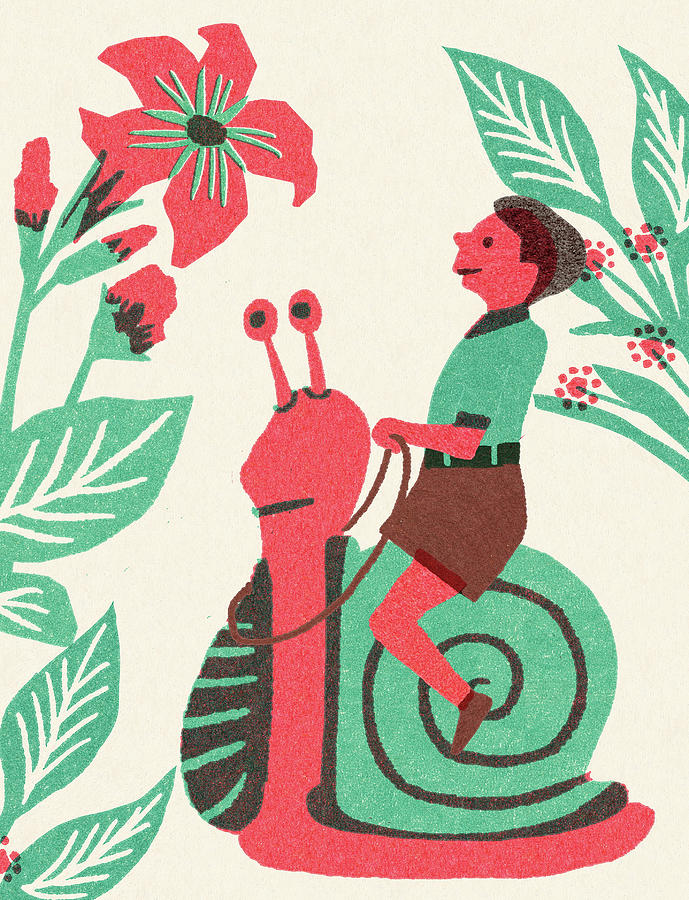 Vintage Drawing - Boy Riding a Snail by CSA Images