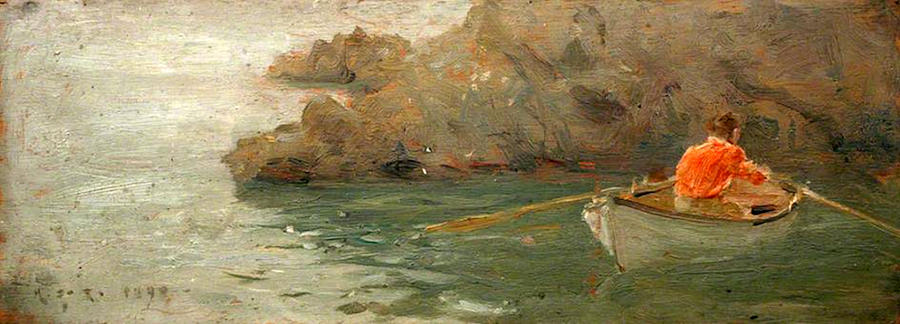 Boy Rowing Out From a Rocky Shore Painting by Henry Scott Tuke