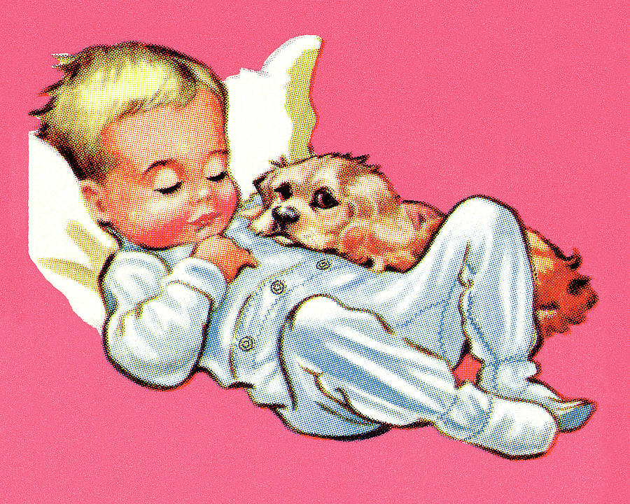 Vintage Drawing - Boy Sleeping with Puppy by CSA Images