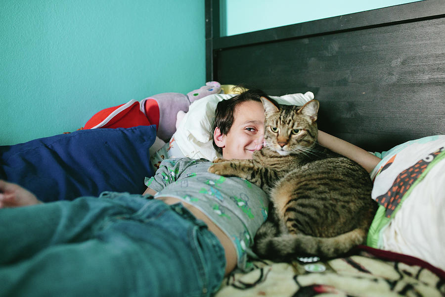 Boy Smiles With Half Of His Face Blocked By His Cat Snuggling Him ...