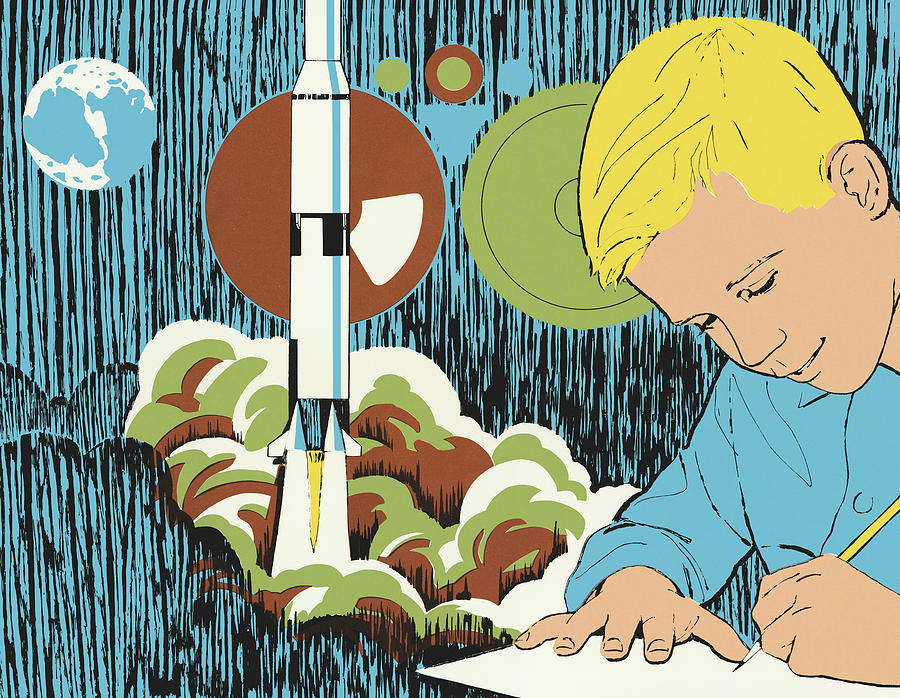 Science Fiction Drawing - Boy Studying Astronomy by CSA Images