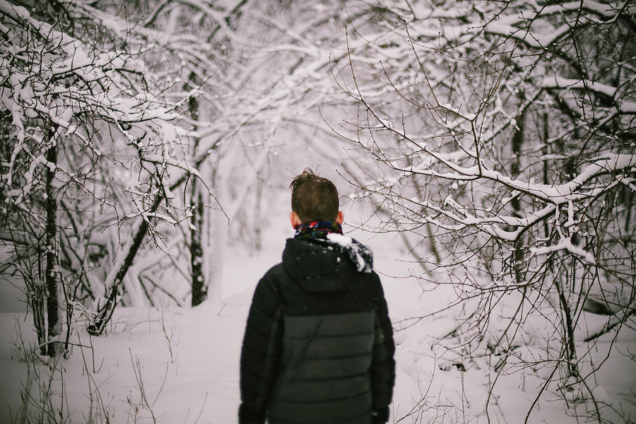 Tree Photograph - Boy Walks Into Forest In Snow Storm With White Wonderland by Cavan Images / Anna Rasmussen Photographs