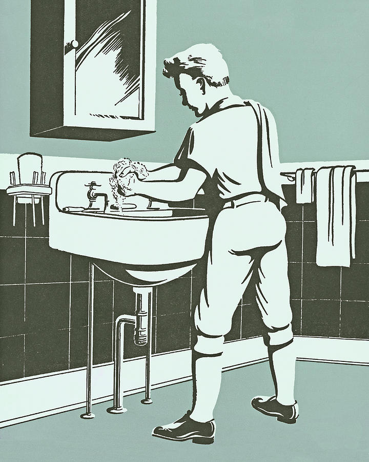 Vintage Drawing - Boy Washing Hands at a Sink by CSA Images