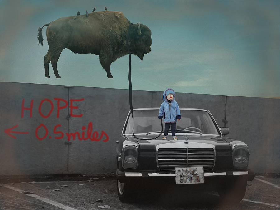 Bison Digital Art - Boy with a flying bison  by Keshava Shukla