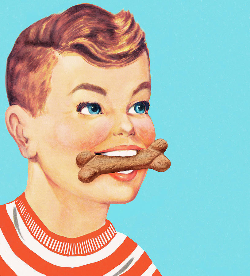 Vintage Drawing - Boy with dog bone in his mouth by CSA Images