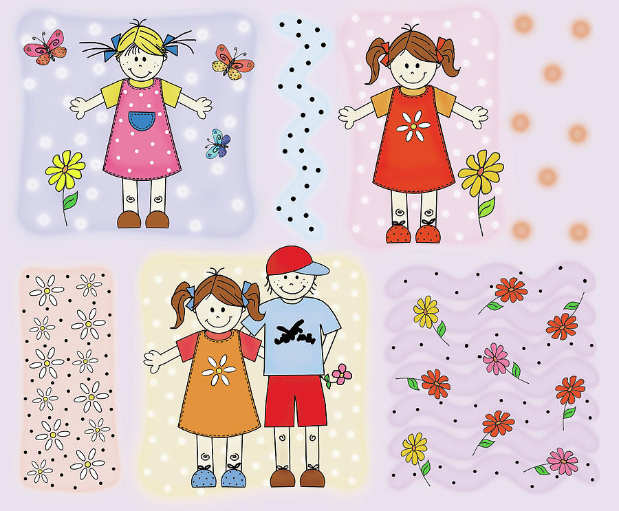Children And Flowers Painting - Boys & Girls by Maria Trad