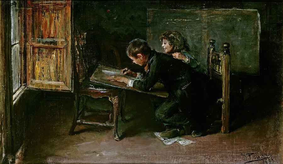 Boys Drawing, 1890, Spanish School, Oil on canvas, 34 cm x 58 cm, P... Painting by Ignacio Pinazo Camarlench -1849-1916-