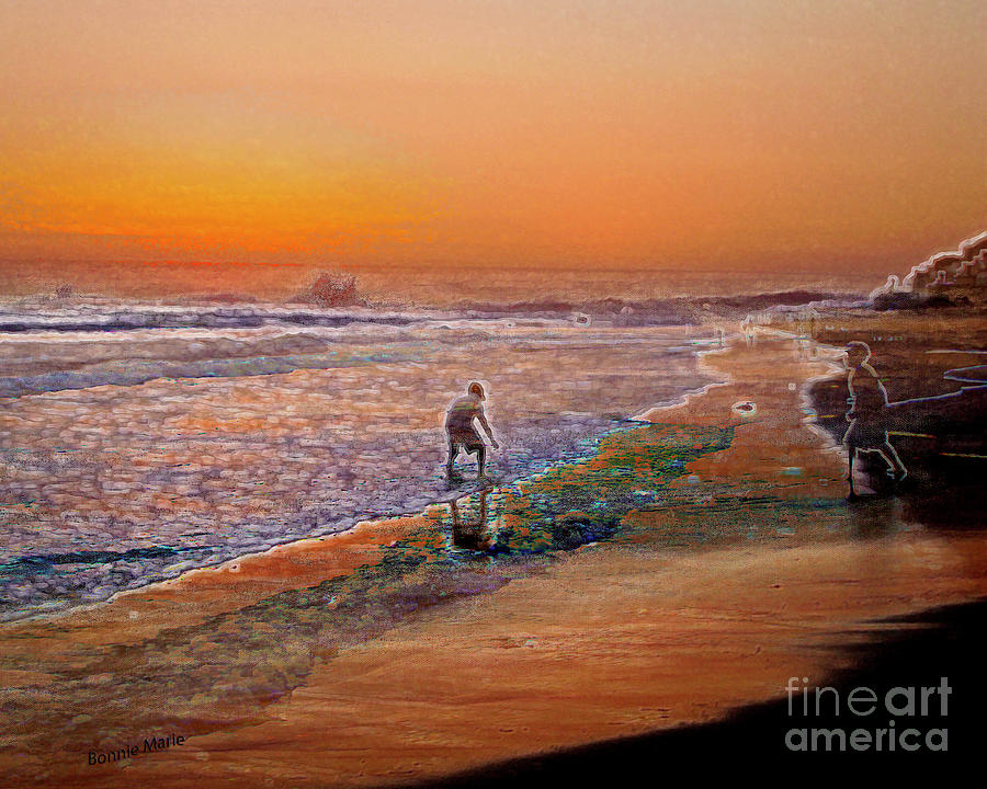 Boys in Surf - Sunsets Glow Mixed Media by Bonnie Marie