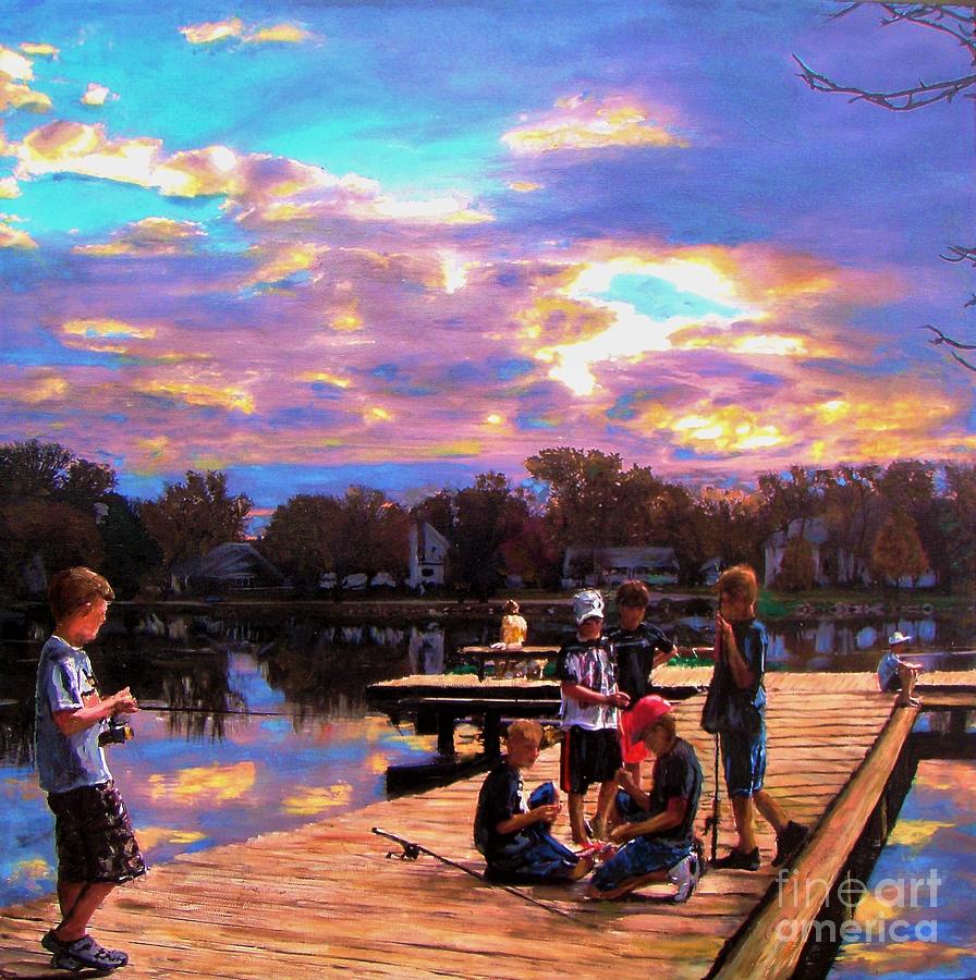Boys On The Dock Painting by Randy Sprout
