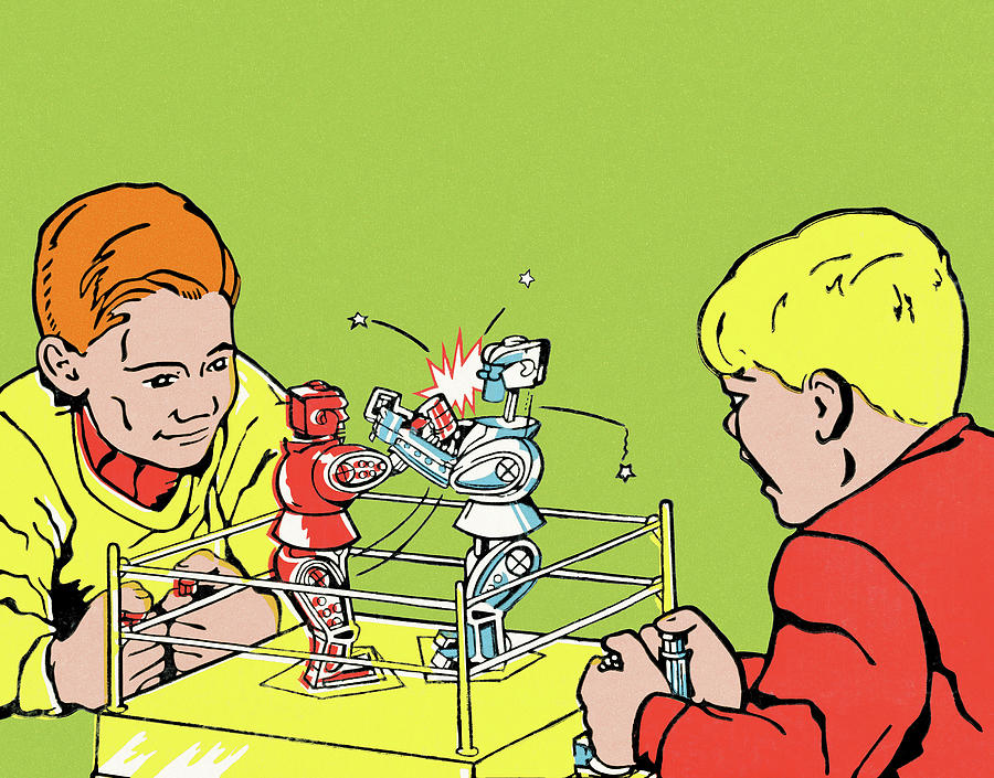 Science Fiction Drawing - Boys Playing with Boxing Robots by CSA Images