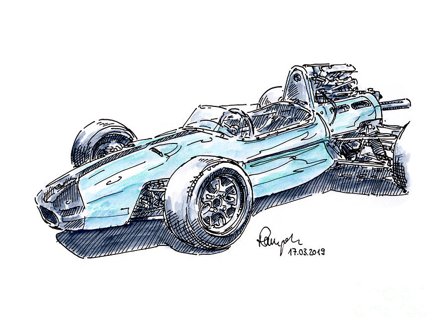 Brabham Bmw Bt7 Classic Racecar Ink Drawing And Watercolor Drawing By Frank Ramspott