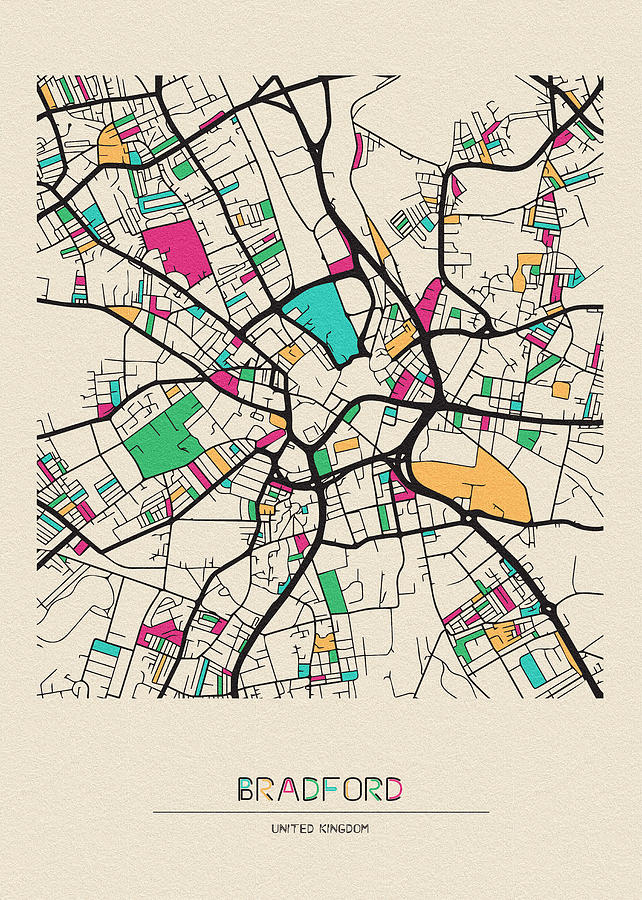 Bradford, United Kingdom City Map Drawing by Inspirowl Design
