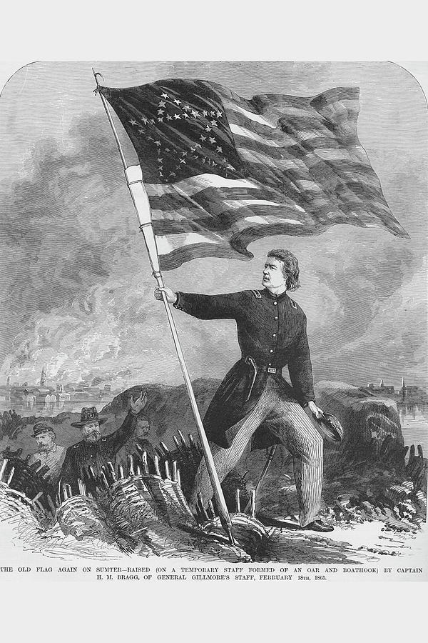 Bragg Hoists Sumter Flag over Fort Painting by Frank Leslie